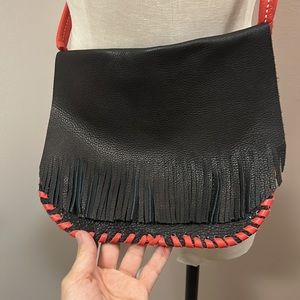 BLACK and Red Pebble Leather Fringe Shoulder/ Crossbody/ saddle Bag